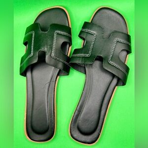 Women’s Black Slide Sandals with White Topstitching